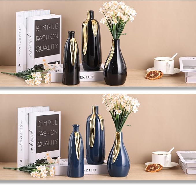 Black and Gold Ceramic Vase Set of 3, Ceramic Vase Set for Decorative, Black and Gold Single Stem Vases for Centerpieces Nightstand Kitchen, Boho Farmhouse Home Decoration