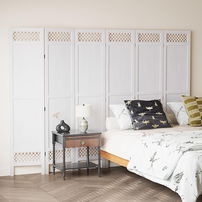 Privacy Screen Room Divider Panel - 67 Inch Tall Natural Wood Folding Partition Room Dividers, No-Assembly Required, Enhance Privacy and Aesthetic Appeal, Ideal for Home or Office White 6 Panel
