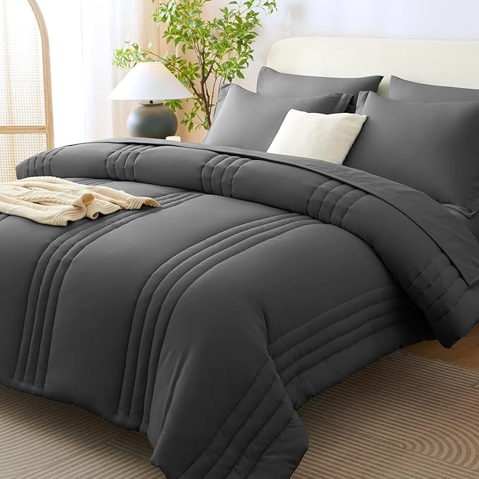 CozyLux Oversized Queen Comforter Set - 7 Pieces Bed in a Bag Dark Grey Comforter Set with Sheets All Seasons Bed Set, Soft Bedding Set with Down Alternative Comforter, Sheets, Pillowcases & Shams