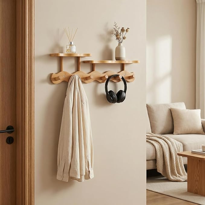Wave-Shaped Bamboo Coat Rack Wall Mount with Shelves - Modern Decorative Wall Hooks for Entryway, Bathroom & Bedroom,Eco-Friendly Organic Wood Wall Mounted Rack for Hanging Coats, Bags, Keys 6 Hooks