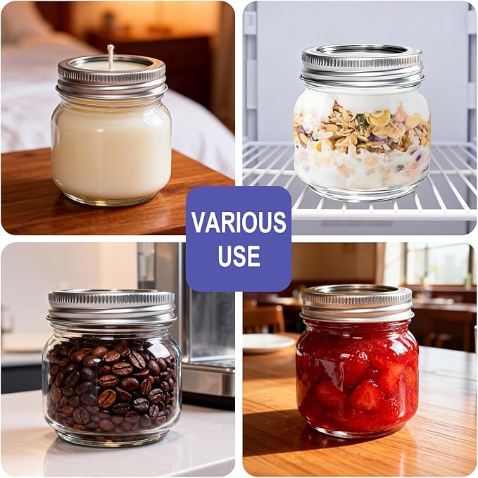 Mason Jars Regular Mouth 8 oz with Lids, Glass Jars with Airtight Lids and Band, Safe for Canning, Food Storage, Pickling, Overnight Oats Container, Half Pint Size (Pack of 6)