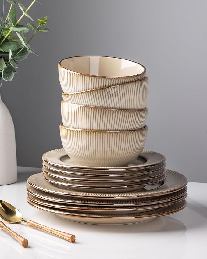 GBHOME Ceramic Dinnerware Sets,18 pcs Embossed Elegant Stoneware Plates and Bowls Sets, Housewarming Wedding Gift | Dishwasher & Microwave Safe | Dishes Set Service for 6