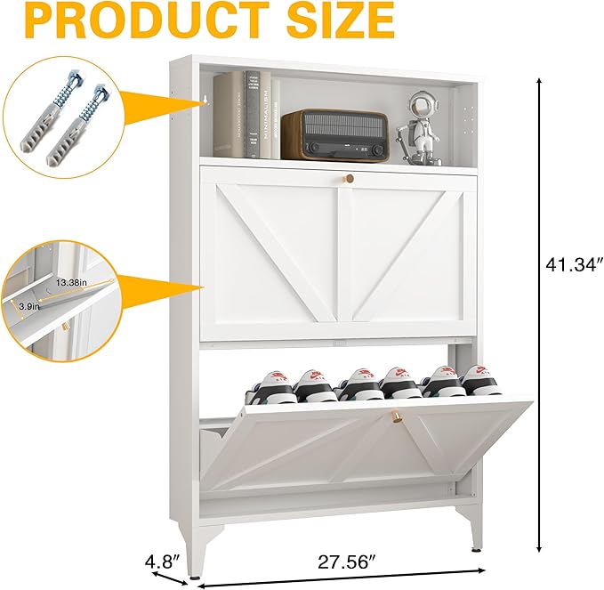 Farmhouse Shoe Storage Cabinet with 2 Flip Drawers, Slim Shoe Cabinets and Barn Door Design, Modern Hidden Slim Narrow Shoe Rack Cabinet for Foyer, Front Door,Living Room,Hallway, White