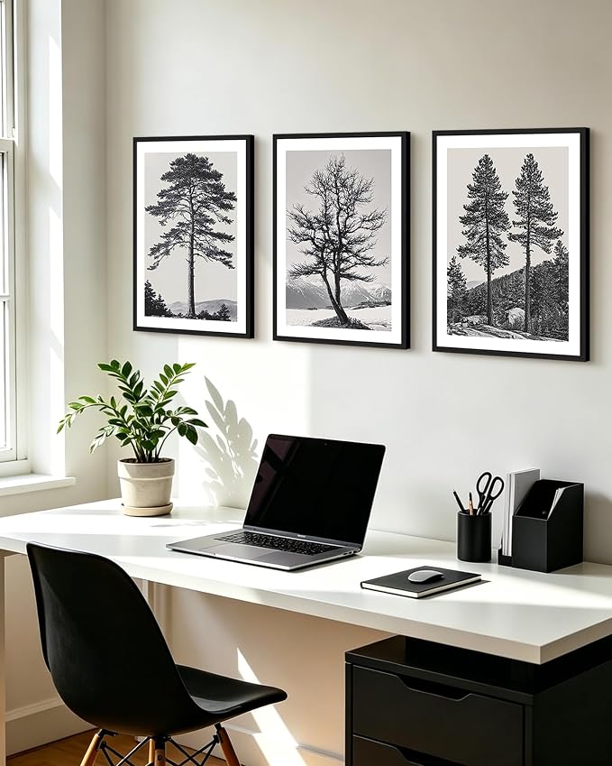 PHOPAGO Vintage Tree Framed Wall Art Antique Retro Forest Wall Decor Nature Wilderness Sketch Paints Modern Decor - 12x16in Black Framed