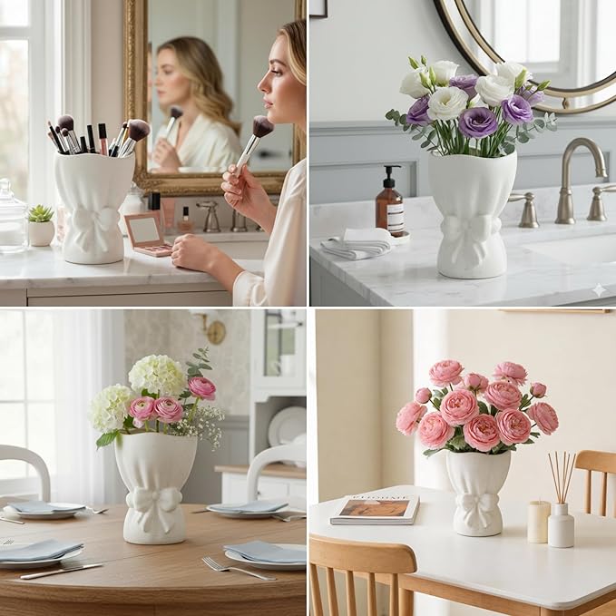 Lvases Bow Knot Ceramic Flower Vase, Textured Frosted Speckled White Minimalist Vases for Home Decor Bedroom Living Room Table Centerpiece