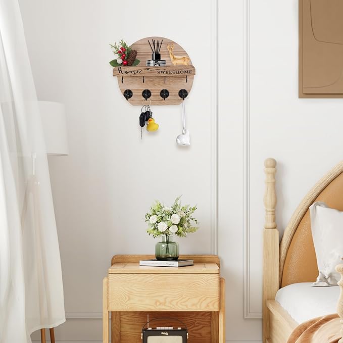 Key Holder for Wall, Key and Mail Holder Organizer - Key Holder Wall Mount with Bouquet Shelf and Key Hooks, Round Wooden Rustic Key Rack for Entryway and Home Decor (Wood)