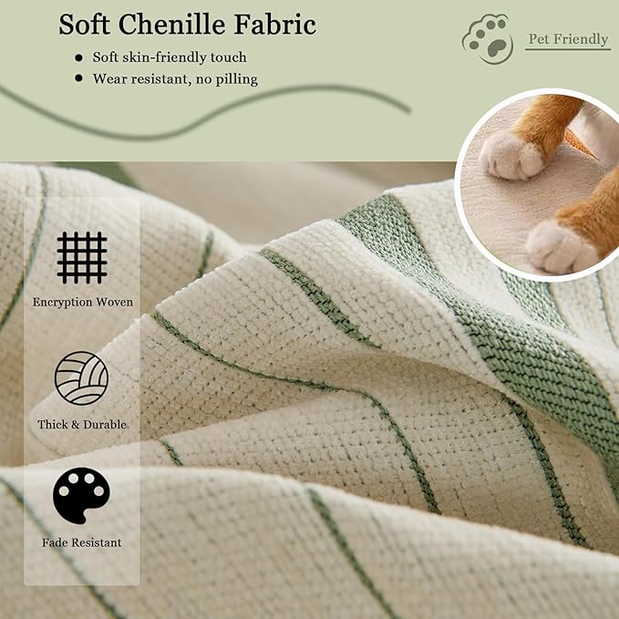 DREAMINGO Couch Cover Reversible Chenille Loveseat Sofa Covers for Dogs Pets Beige Green Couch Protector for 2 Cushion Couch Sofa Vertical Stripe Jacquard Sofa Slipcover Sectional, 71"x118"