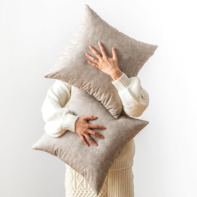 Pack of 2 Neutral Decorative Faux Leather Throw Pillow Covers, Boho Luxury Floor Cushion Cover, for Home Decor Outdoor Waterproof Pet Hair Resistant Pillow Covers 18x18 inch Grey