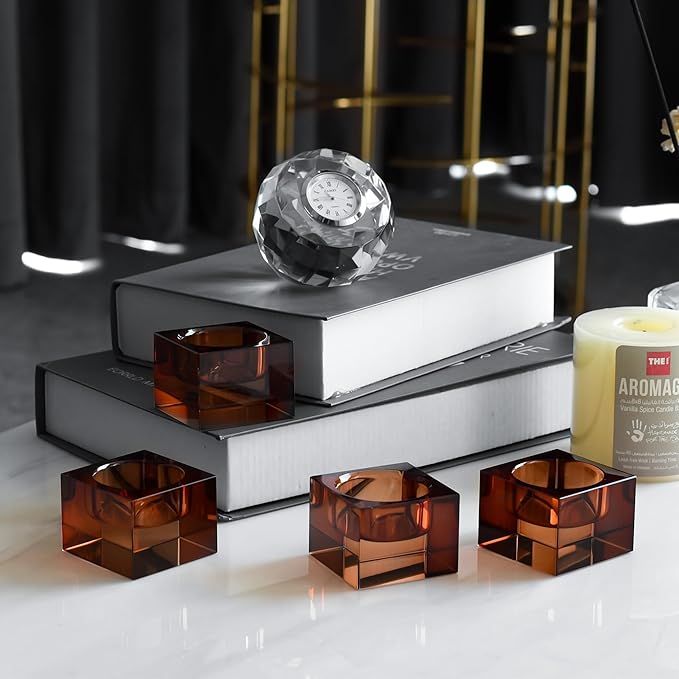 Home Crystal Tealight Candle Holders Pack of 4, 1.5 Inches Height, Heavy Solid Square Hand Cut Tealight Holders Sets, Centerpiece for Home Decor(Brown)