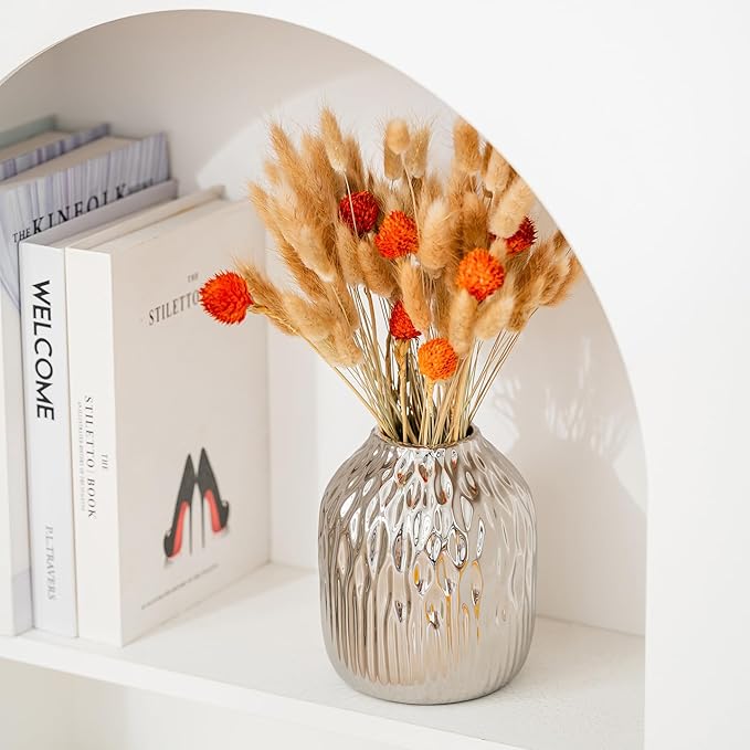 White Ceramic Flower Vase Set of 2, Porcelain Cylindrical Dried Flowers Holder, Decorating for Drawing Room/Table/Study/Office Entryway, Modern Simple Boho Style (Silvery)