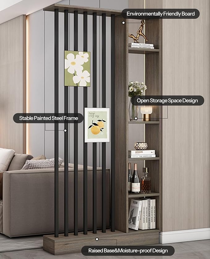 Wall Room Divider, Storage Cabinet Storage Display with Shelves, Modern Freestanding Wood Room Divider Screen, Wall Privacy Screens for Home Decorative (Grey Oak+Black,43.3" L x 9.5" W x 79.5" H)