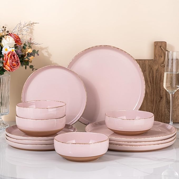 AmorArc Ceramic Dinnerware Sets for 4, 12 Pieces Handpainted Plates and Bowls Set with Rustic Terracotta Underside, Scratch Resistant Stoneware Dishes Set, Dishwasher & Microwave Safe