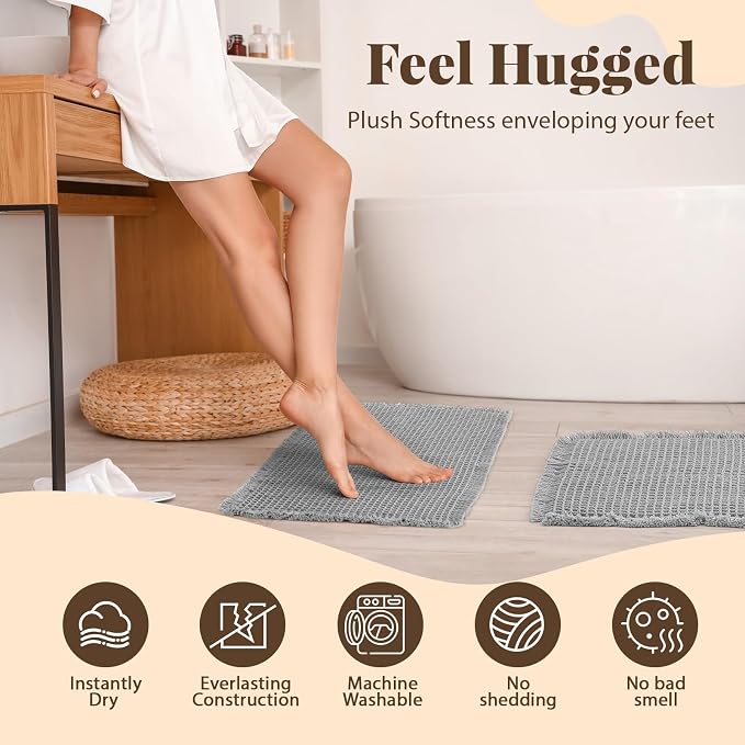 Tinideya Waffle Bath Mat Set of 2 Ultra Absorbent Non-Slip Bathroom Rugs Machine Washable Quick Dry for Shower Bathroom Kitchen Floor, Low Profile Fits Under Door, 18 x 30 + 24 x 36(Light Gray)