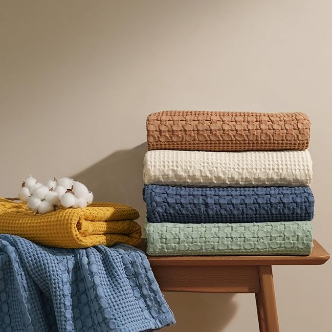 PHF 100% Cotton Waffle Weave Blanket Queen Size for Bed, Soft Lightweight & Breathable for Spring and Summer, All-Season Comfort, Luxury Aesthetic Blanket for Home Decor, 90"x90", White