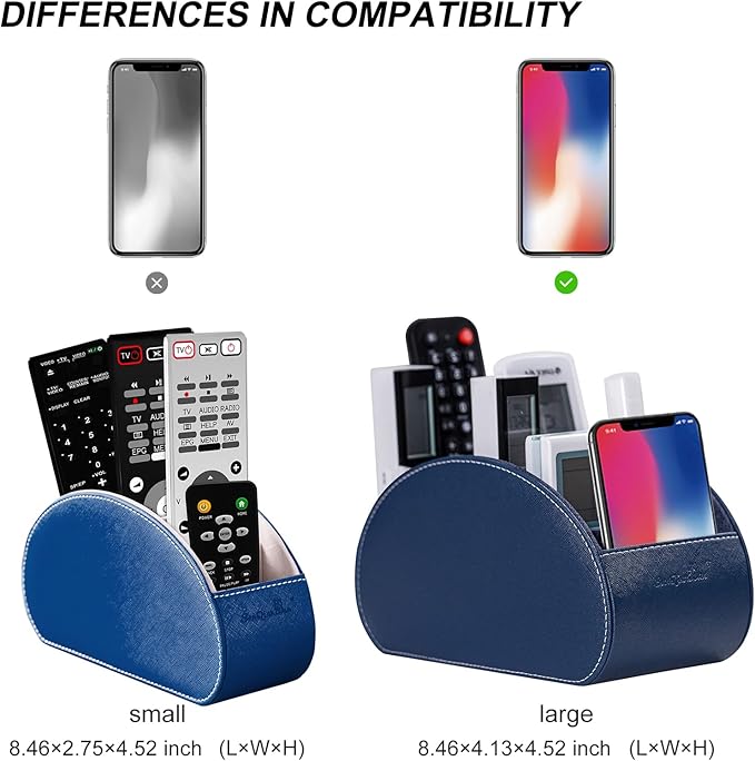 Remote Control Holders Organizer Box with 5 Compartment PU Leather Multi-functional Office Desk Storage Caddy Store Tv Remote for Media Player,Brush,Pencil,Glassees&Office Supplies (Dark Blue)