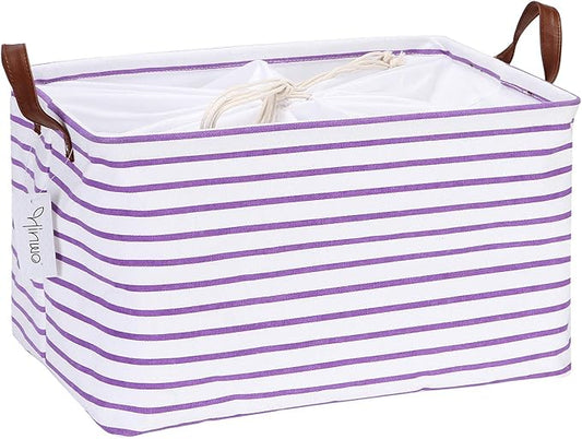 Hinwo 31L Large Storage Bins, Closet Organizers and Storage, Shelf Baskets, Foldable Clothes Storage Baskets with Handles, Containers for Clothing, Blanket, Towels, Toys, Bedding (Purple Stripe)