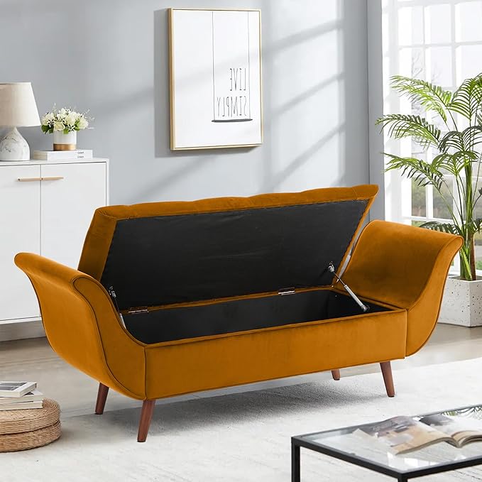65" Velvet Storage Bench, Vintage Bed Bench with Storage Upholstered Rolled Armed Button Tufted Entryway Bench for Bedroom End of Bed, Living Room, Entryway, Hallway, Dressing Room (Yellow)