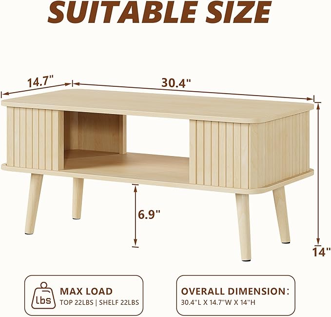 LAZZO Coffee Table with Storage Center Table for Living Room Rectangle Coffee Table with Rounded Edges,Easy Assembly, Natural Wood