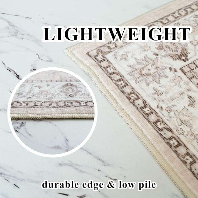 Washable 4x8 Hallway Runner Rug: Vintage 8ft Soft Runners for Entry Kitchen Wide Non Slip Low Pile Carpet for Living Room Bedroom Thin Water Resistant Carpet for Bathroom Dining Room Foyer(Beige,4x8)