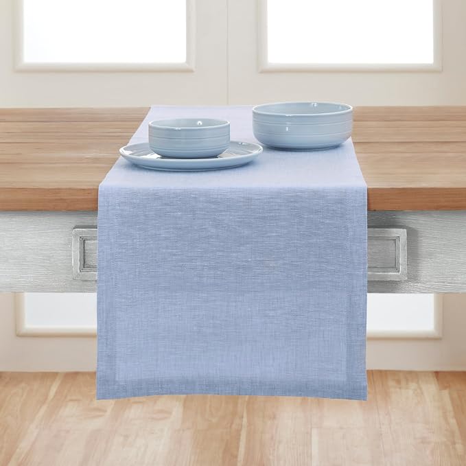 Solino Home Linen Table Runner 156 Inches Long - Athena, 100% Pure Linen Chambray Blue 14 x 156 Inch Table Runner for Dining, Summer