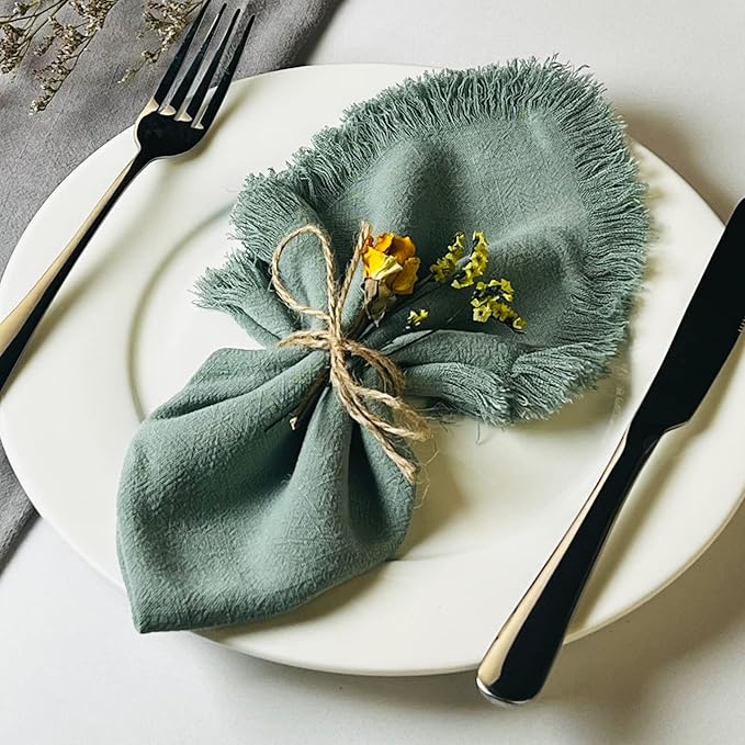 Handmade Cloth Napkins with Fringe,18 x 18 Inches Cotton Linen Napkins Set of 6 Versatile Handmade Square Rustic Fringe Napkins for Dinner, Wedding and Parties, Sage