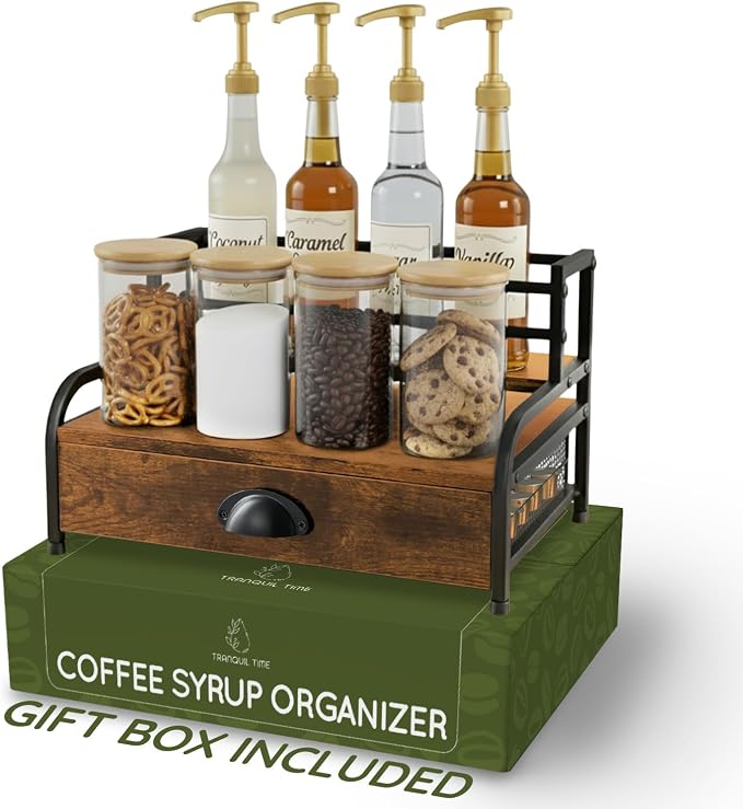 3-Tier Coffee Bar Stand Organizer for Countertop, Rustic Wood & Metal Bottle Display Shelf with Coffee Pod Drawer, Wine Rack, Liquor Display Shelf for Home Coffee Station