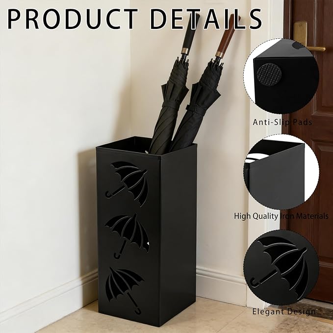 Metal Umbrella Holder, Square Freestanding Umbrella Stand Bucket Storage Indoor for Entryway, 6.3 x 6.3 x 16.3 Inch - Black