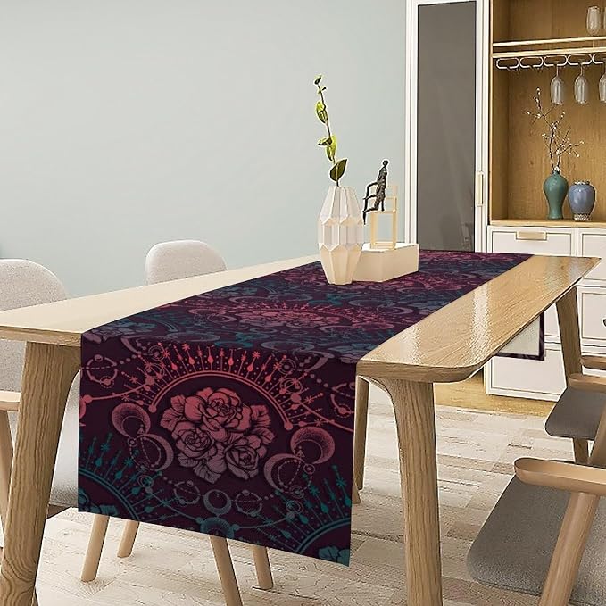 Moon Table Runner, Mystical Boho Magic Astrology Floral Rose Print Table Runner for Kitchen Dining Party Wedding Restaurant Picnic, 13x36 Inch