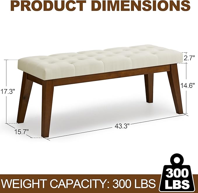 WUTUTUEE 43.5'' Linen Bedroom Bench, Upholstered End of Bed Bench with Tufted Button, Padded Vintage Dining Bench, Entryway Bench with Solid Wood Legs, Kitchen, Living Room, Hallway, Beige Tufted