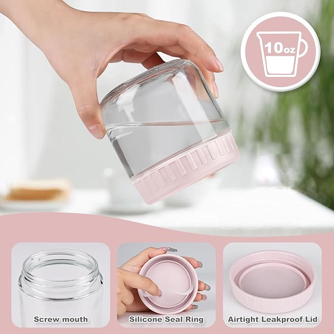 SHOWIN Overnight Oats Containers with Lids, 10oz Glass Jars with Lids 4 pcs, Wide Mouth Mason jars for Salad, Yogurt, Snacks, Meal Prep