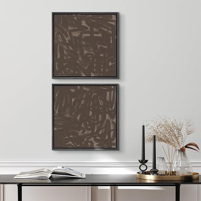 SIGNFORD Framed Canvas Print Wall Art Set Abstract Expressionist Brushstroke Bold Brown Illustrations Modern Art Minimal Relax/Calm for Living Room, Bedroom, Office - 16"x16"x2 Black