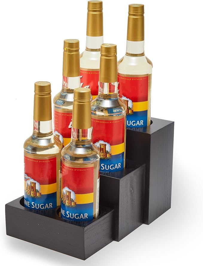 Black Wood Coffee Syrup Rack Organizer, 3 Tier Syrup Bottle Holder for Coffee Bar, 6 Bottles(750ml) Storage Stand for Syrup, Wine, Dressing for Kitchen Coffee Station(3 Separate Pieces)
