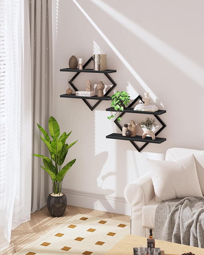 CHOEZON Floating Shelves, Set of 2 Wall Shelves, 2-Tier Hanging Shelves, Wall Shelf Set of 2, Wall Mounted Shelves, for Living Room, Bedroom, Kitchen, Office, Study, Black TBJ01P2BB