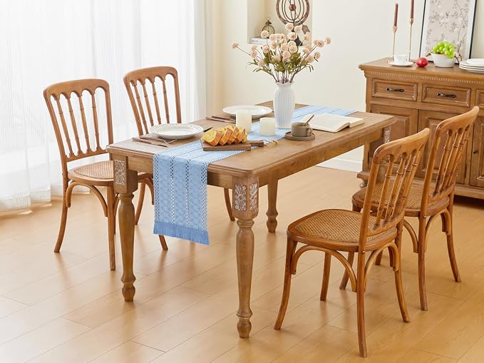 YATOJUZI Blue Table Runner Pure Blue Boho Table Runners with Tassels 48 Inches Seasonal Small Table Runner Rustic Farmhouse Table Runners for Bohemian Dining Bedroom Kitchen Decor 12x48 Inches