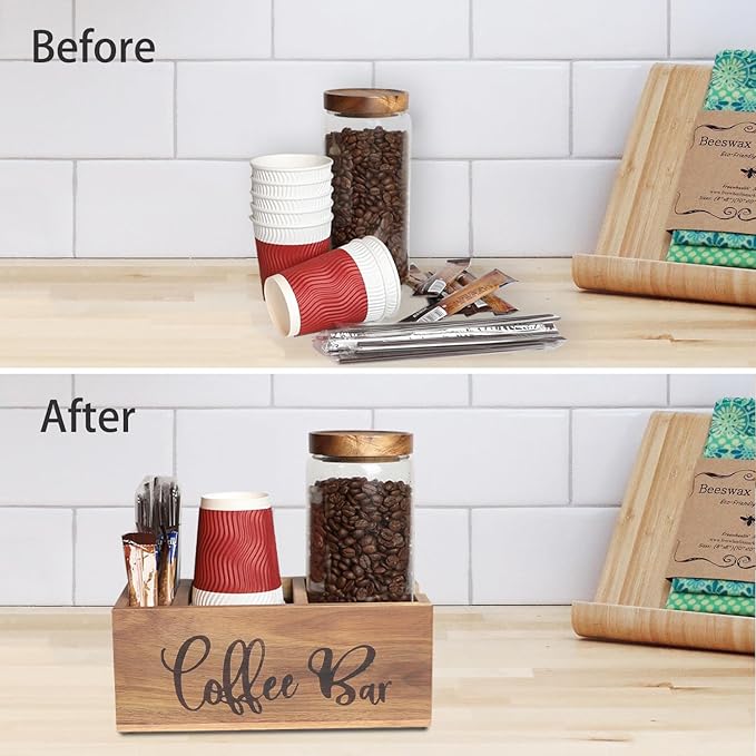 Acacia Wood Station Organizer,Coffee Station Organizer for Cup Lid Stirrers Pod, Disposable Coffee Cup Holder, Farmhouse Accessories Decor, Brown Labeled "Coffee Bar"