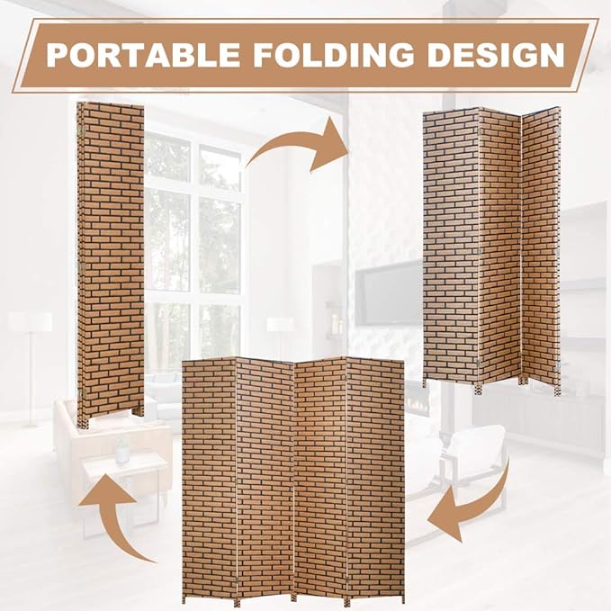 Room Dividers and Folding Privacy Screens 4 Panel 6 ft Foldable Portable Room Seperating Divider, Handwork Wood Mesh Woven Design Room Divider Wall, Room Partitions and Dividers Freestanding, Brick