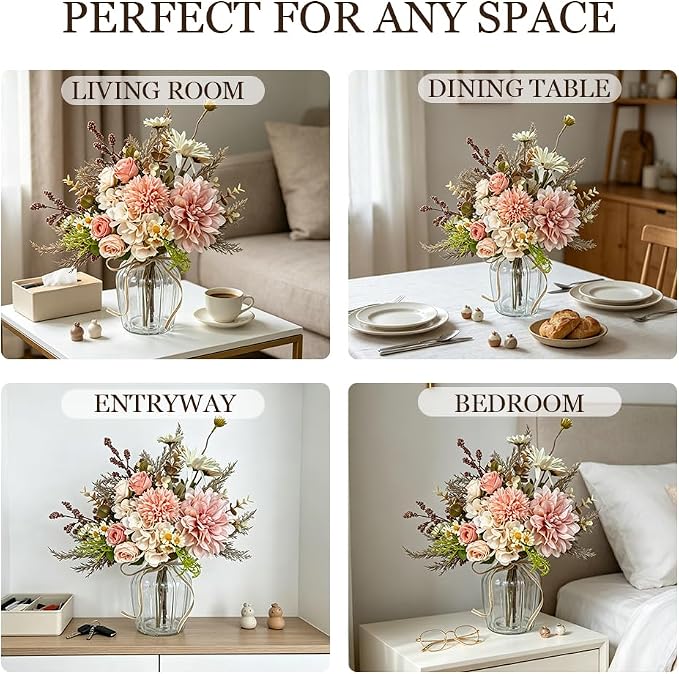 Faux Dahlia Flowers with Vase, Artificial Flowers Arrangement in Glass Vase Faux Rose for Decoration Table Centerpiece (Dahlia Pink)
