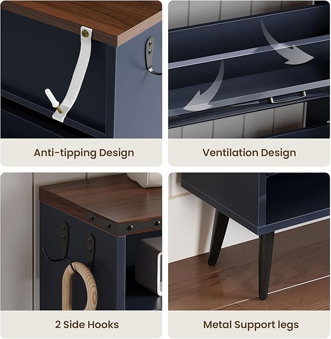 Shoe Storage Cabinet with 4 Flip Drawers Narrow Shoe Rack Cabinet Farmhouse Design Freestanding Shoe Organizer with Open Storage for Entryway,Hallway,Foyer,Blue Walnut