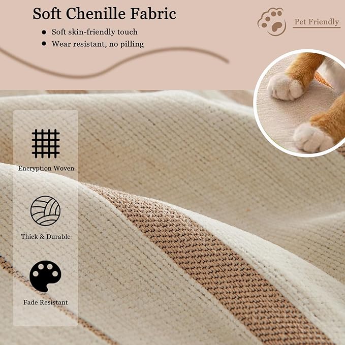DREAMINGO Couch Cover Washable Chenille Sofa Protector for Pet Kids Beige Coffee Loveseat Couch Covers for 2 Cushion Couch Stripe Jacquard Versatile Sofa Throw Slipcover for Futon Couch, 71"x102"