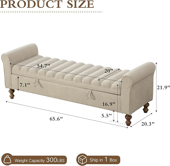 Chifee & Vingol 65" Storage Ottoman Bench Upholstered End of Bed Bench Modern Entryway Benches Window Benches for Bedroom Living Room Entryway,Griege