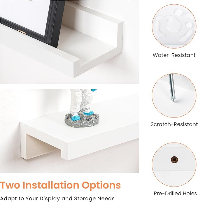 RICHFOCUS Picture Ledge Shelf, 40 inch Floating Shelves Set of 2, Wood Wall Shelves with Lip, Wall Decor Storage for Bedroom Living Room Bathroom Kitchen Nursery Photo Picture, White