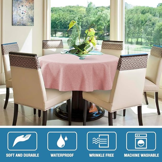 H.VERSAILTEX Linen Textured Tablecloth Round 60 inch Waterproof Decorative Table Cloth Spill-Proof Linen Look Cover for Party Table Extra Soft and Thick Fabric Wrinkle Free, Heather Baby Pink