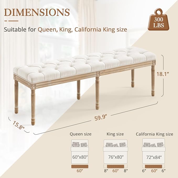 LUE BONA 60" Fabric End of Bed Bench, Upholstered Tufted French Bedroom Bench with Carved Legs for Bedroom End of King Size Bed, Living Room, Beige