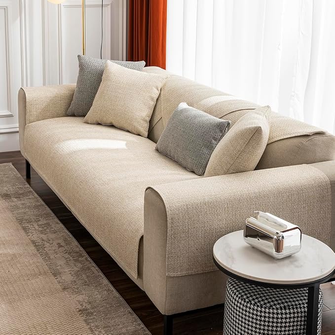 vctops Rustic Linen Textured Couch Sofa Cover Solid Color Non Slip Sectional Couch Covers Soft Sofa Slipcover for Dogs, Children, Pets Furniture Protector (Beige,28"x28")