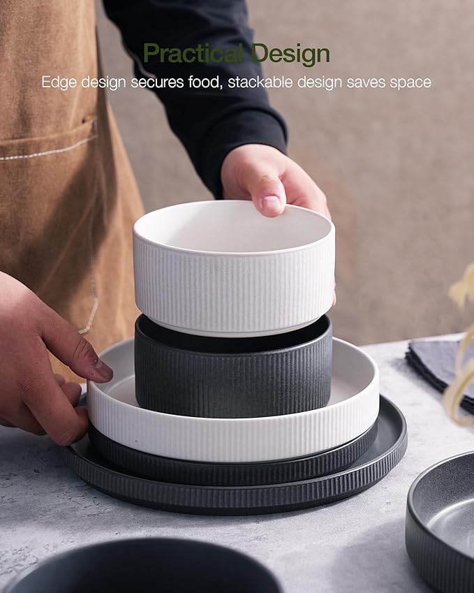 Famiware Star 12-Piece Stoneware Dinnerware Sets for 4, Reactive Glaze Plates and Bowls, Modern Rustic Dishes for Everyday/Formal Use, Chip/Scratch Resistant, Microwave/Dishwasher Safe, White & Black
