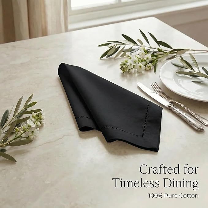 Urban Villa Cloth Napkins 100% Cotton Highly Absorbent Washable Reusable Premium Dinner Napkins Ideal for Gifts for Mothers Day Hotel Farmhouse Parties - Black - Hemstitch (20" x 20", Set of 12)