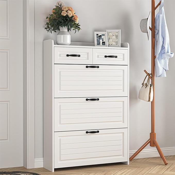 Large Shoe Cabinet for Entryway, Slim Hidden Shoe Storage Cabinet with 3 Flip Drawers and 2 Top Drawers,Shoe Rack Organizer Cabinet for Hallway, White