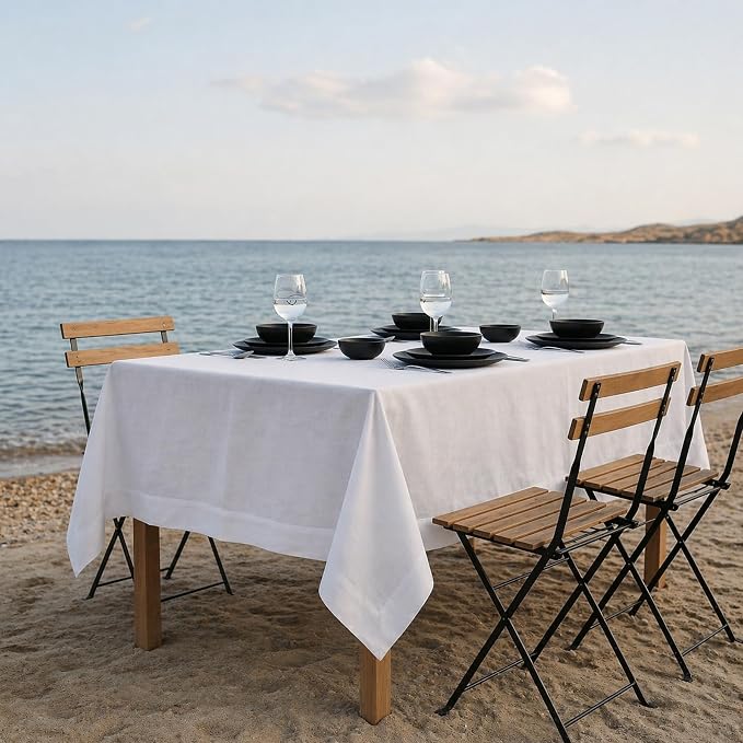 Solino Home White Linen Tablecloth 60 x 84 Inch - 100% Pure Linen Table Cloth for Rectangle Tables - Fete, Machine Washable Tablecloth for Summer, 4th of July