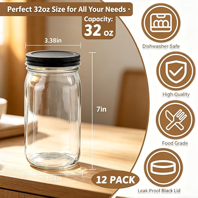 QAPPDA 32 OZ Glass Jars with Lids Set of 12,Clear Wide Mouth 1000ML Glass Mason Jar with Airtight Lid,Durable Glass Food Storage Canning Jars for Pickles,Jams,Preserving