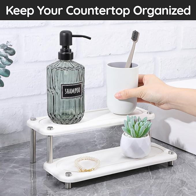 Segbeauty 2 Tier Instant Dry Counter Organizer, 11x4.3in Quick Dry Diatomaceous Earth Stone Drying Tray, Water Absorbing Stone Fast Drying Countertop Rack Sponge Soap Holder for Kitchen Bathroom White